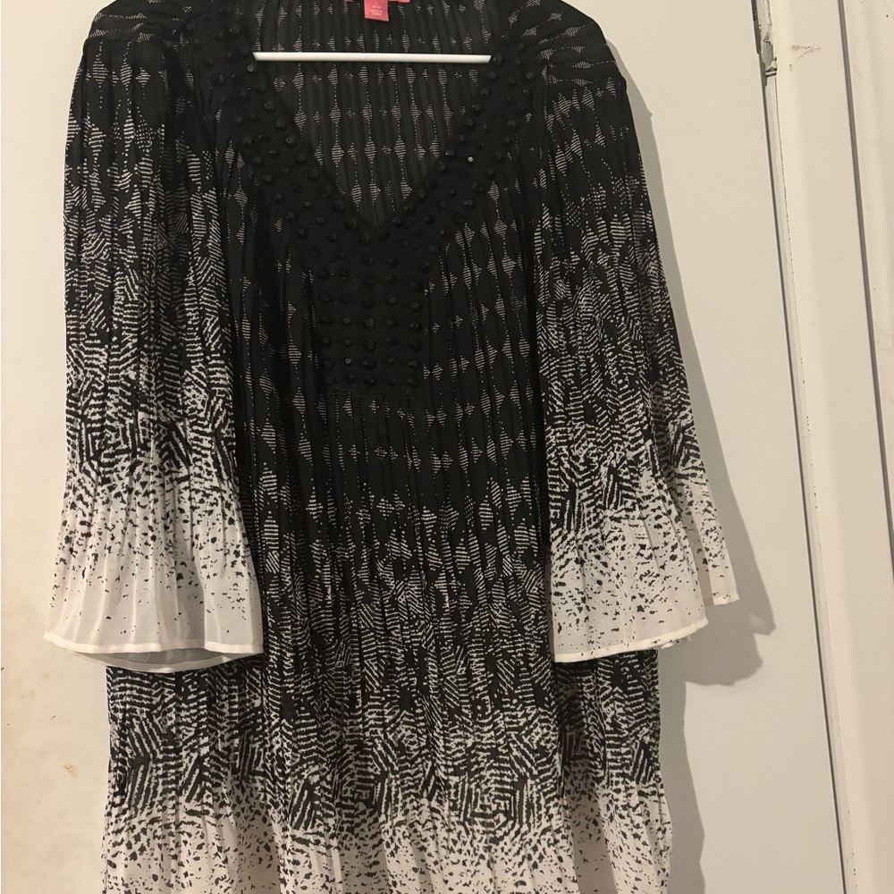 Woman Within Black and White Bell Sleeve V-Neck Top